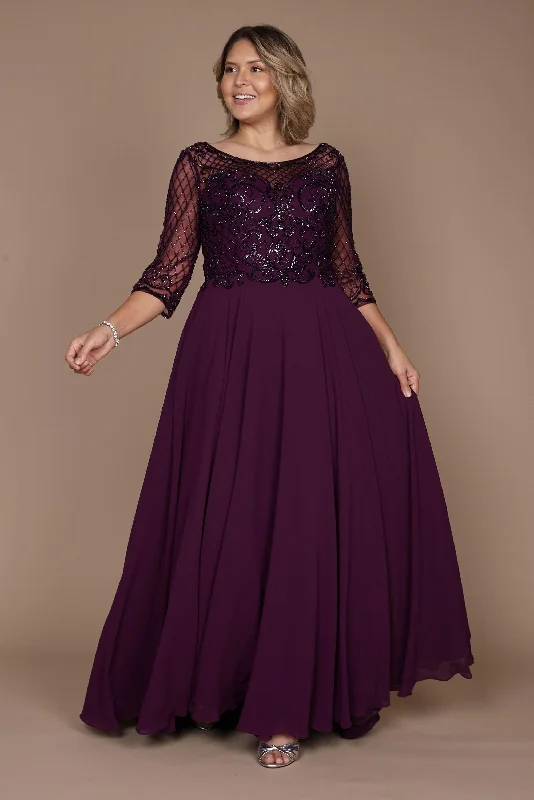 Long Sleeve Hand Beaded Mother of The Bride Dress Eggplant