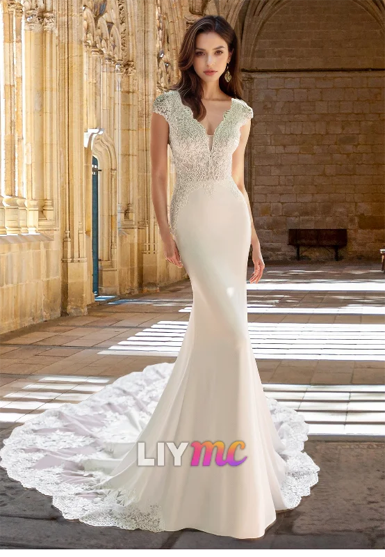 V-Neck Cap Sleeves Lace Appliques Sleek Mermaid Wedding Dress