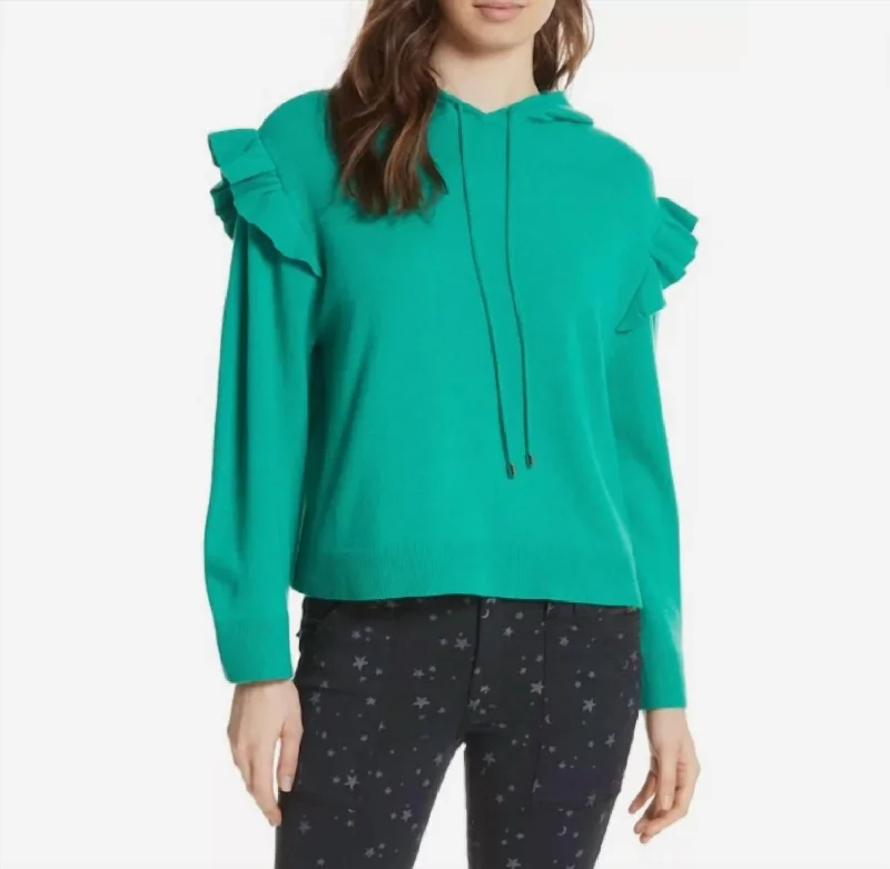 Pammeli Cashmere Ruffle Hooded Sweater In Green