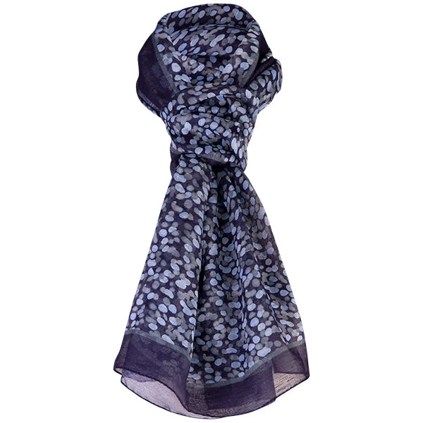 Printed Modal Linen Silk Scarf in Water Dots Lt Blue-Grey/Navy