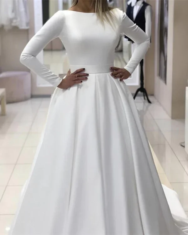 2023 Classic A Line Long Sleeves Satin Backless Long Wedding Dresses     S1937