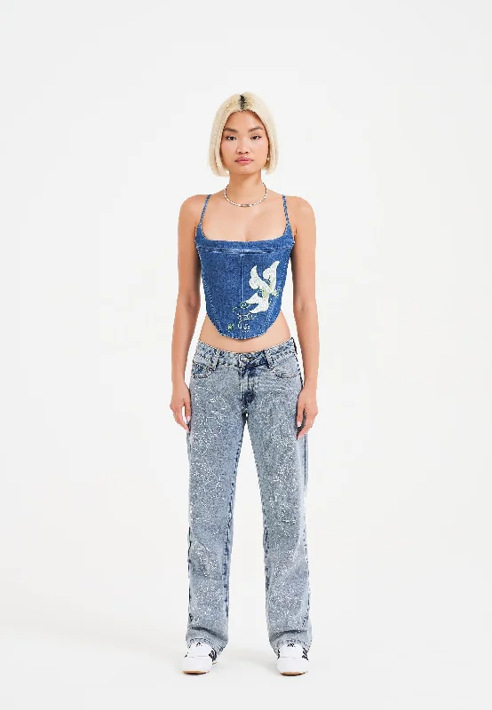 Womens Crystal Skull Straight Leg Denim Trousers Jeans - Blue