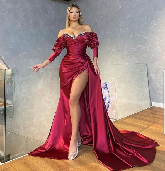 Wine dress with side slit prom gowns, bridal dresses, African women wedding dress    S1738