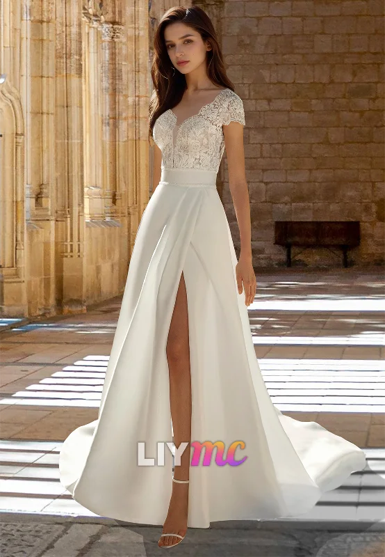 V-Neck Cap Sleeves Lace Appliques Side Slit Pleated Satin A-Line Wedding Dress