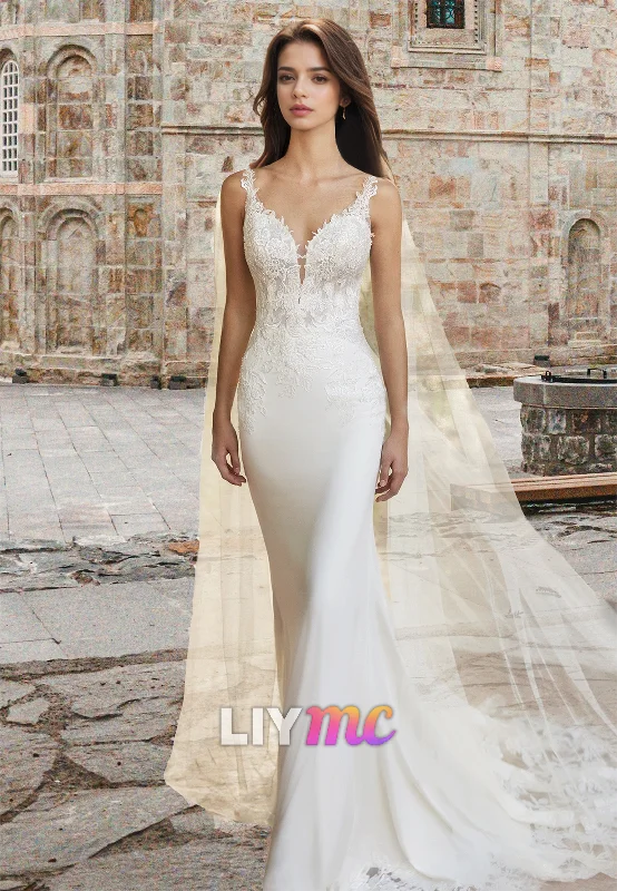 V-Neck Straps Lace Appliques Sleek Mermaid Wedding Dress