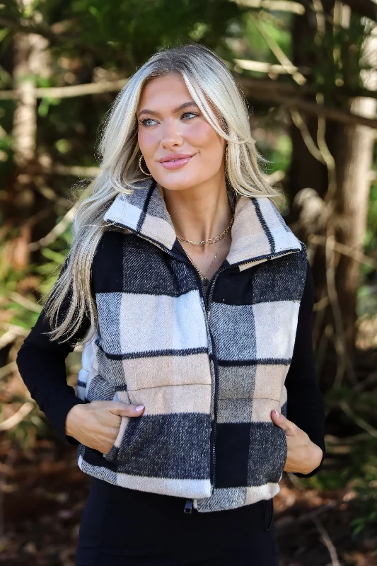 Wintertime Crush Taupe Plaid Puffer Vest