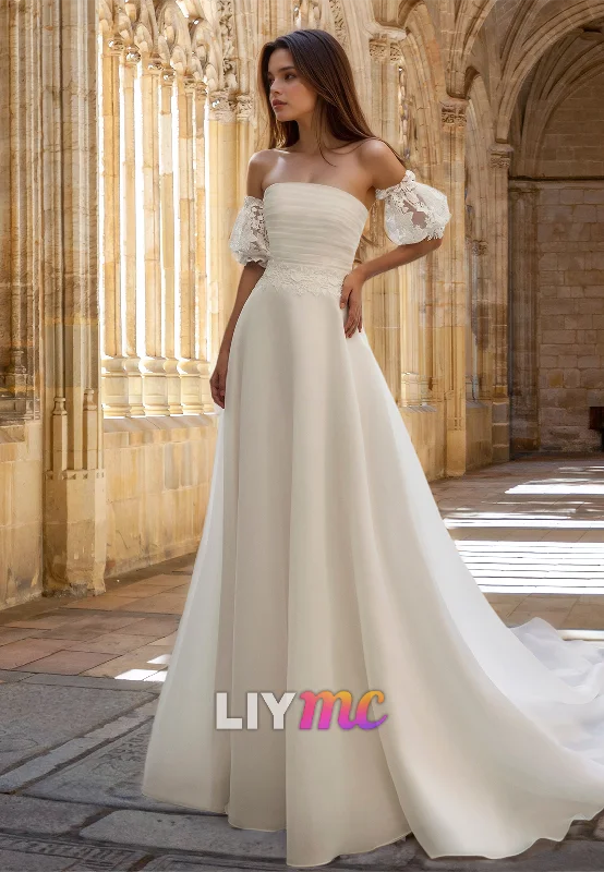 Straight Across Puff Sleeves Appliques Pleated A-Line Wedding Dress