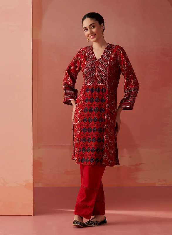 Arayna Red Printed Chanderi Kurta for Women