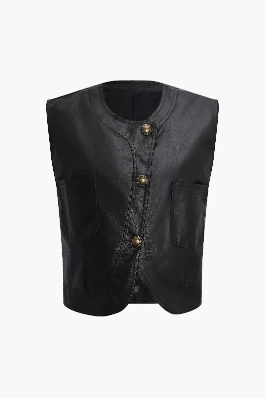 Faux Leather Vest With Pocket And Button