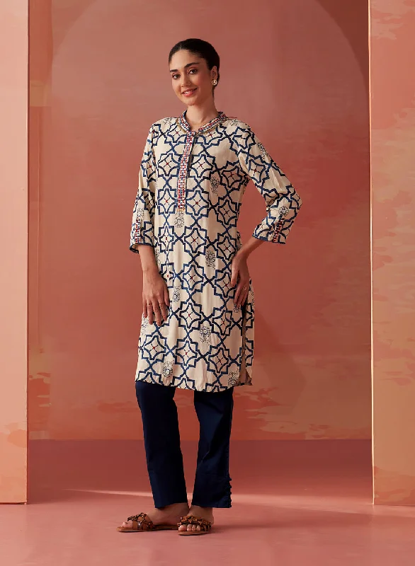 Tisha Teal Blue Printed Rayon Straight Mirror Work Kurta