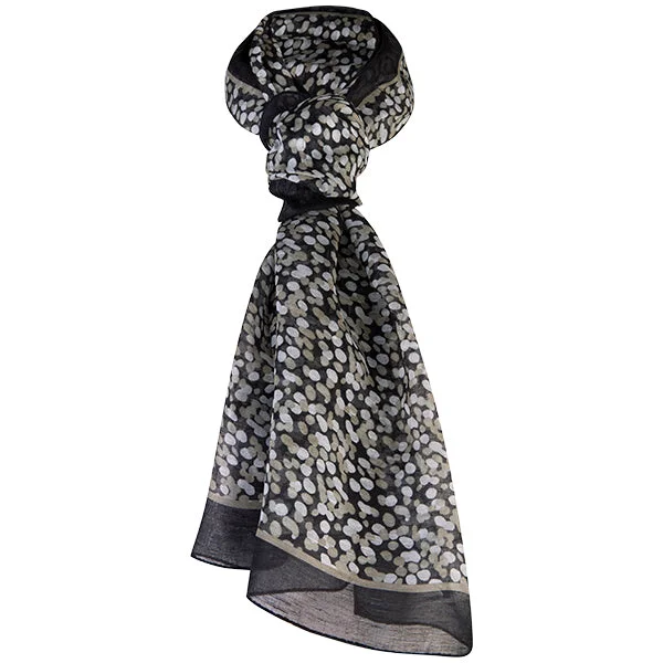 Printed Modal Linen Silk Scarf in Water Dots Taupe/Black