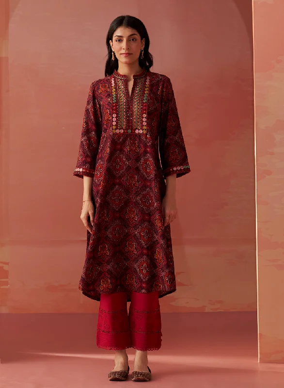 Samiya Wine Printed Chanderi Kurta