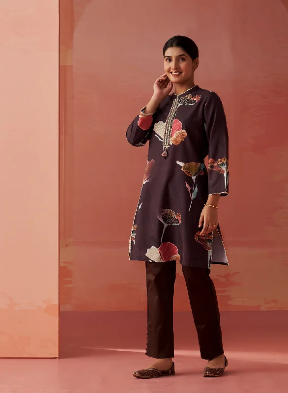 Sameen Chocolate Brown Printed Cotton Linen Kurti