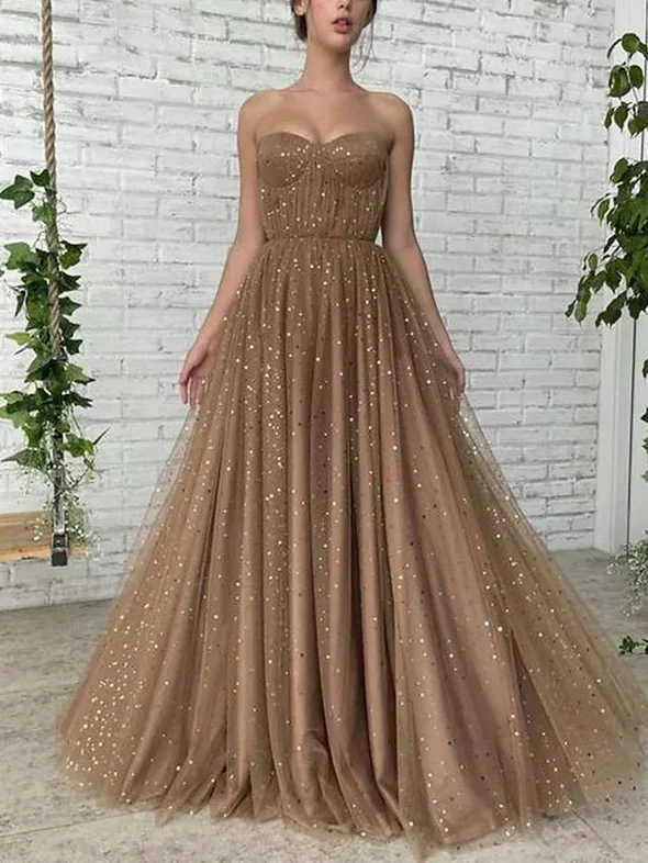 A-Line Glittering Vintage Wedding Guest Prom Dress Sweetheart Neckline Sleeveless Sweep / Brush Train Tulle with Pleats Sequin Cocktail Dresses    S1235