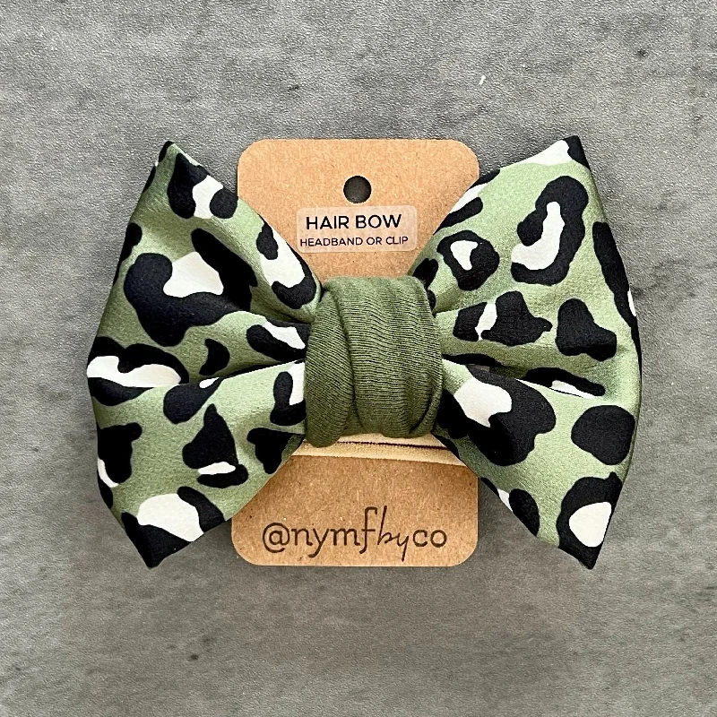 Olive Green Leopard Print Girl's Hair Bow