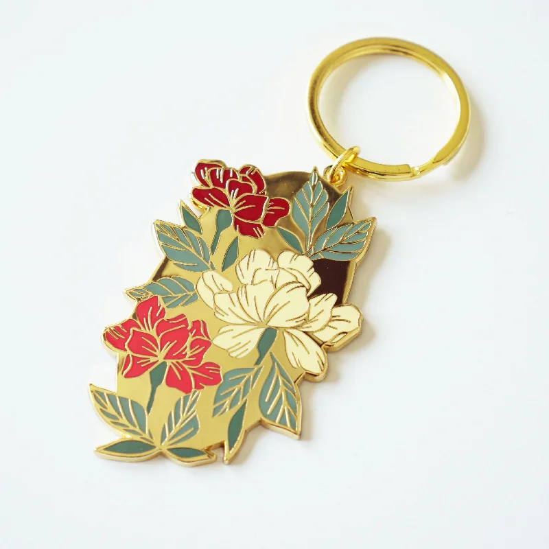 Red Floral Gold Enamel Keychain