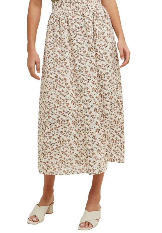 Floral Buttoned Midi Skirt In Cream