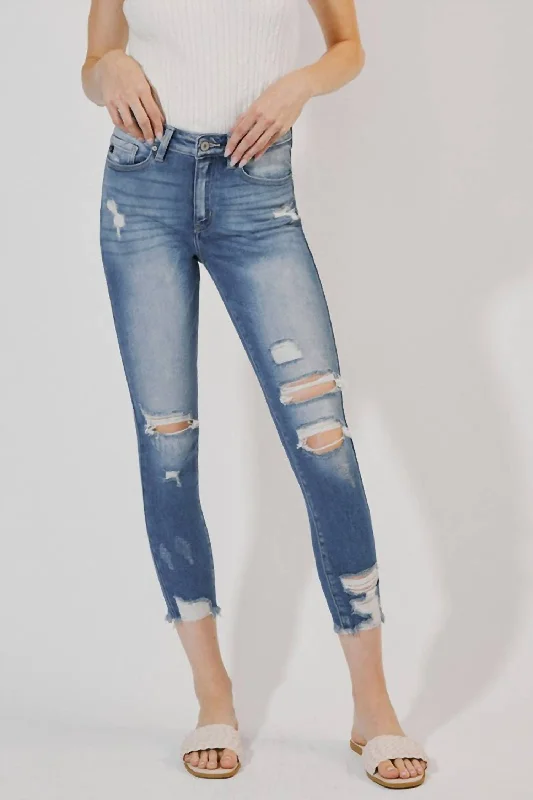 Distressed Ankle Skinny Jeans In Medium Wash