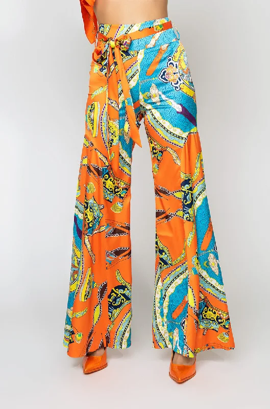 FIERY FIESTA SATIN PRINTED WIDE LEG PANT ORANGE MULTI