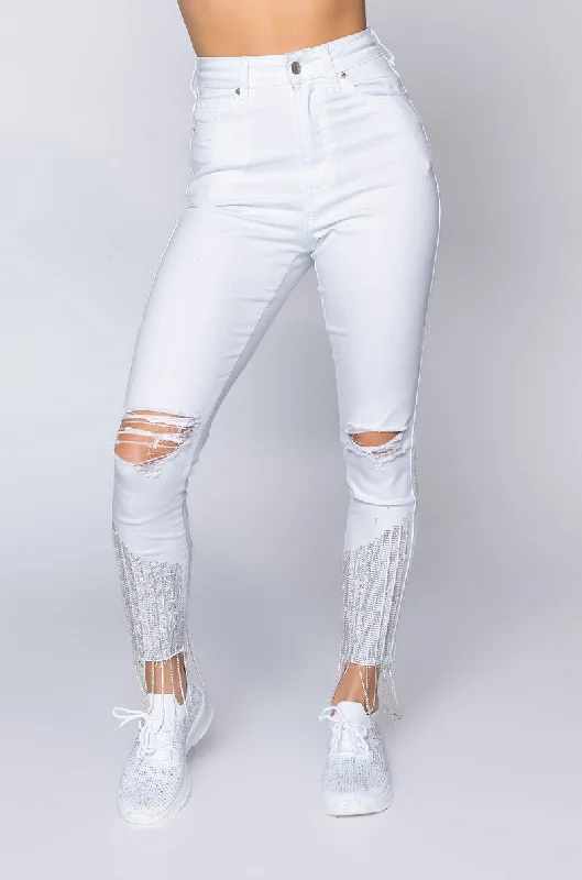 TOO GOOD HIGH WAISTED RHINESTONE FRINGE SKINNY JEANS WHITE