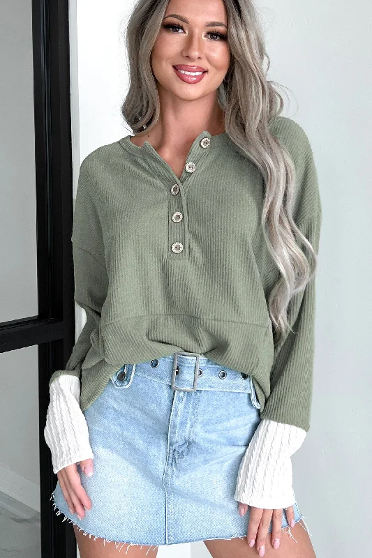 Forcing The Issue Mixed Knit Oversized Henley Top (Olive)