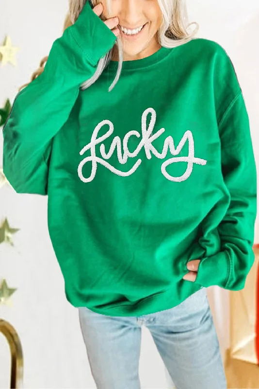 LUCKY Aphabet Chenille Embroidered Pullover Sweatshirt