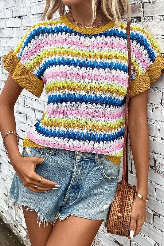 Trimmed Ruffle Sleeve Colorful Textured Sweater