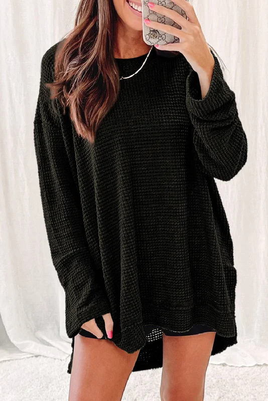 Khaki Waffle Knit High Slits Oversized Top